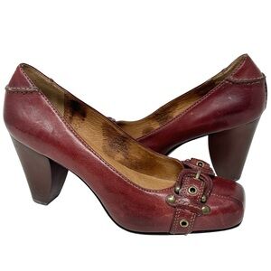 Frye Andie Leather Square Toe Buckle Pumps Heels Wine Red Women’s Size 7.5